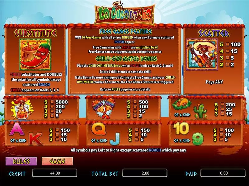 La Cucaracha Free Casino Slot  with, delFree Spins