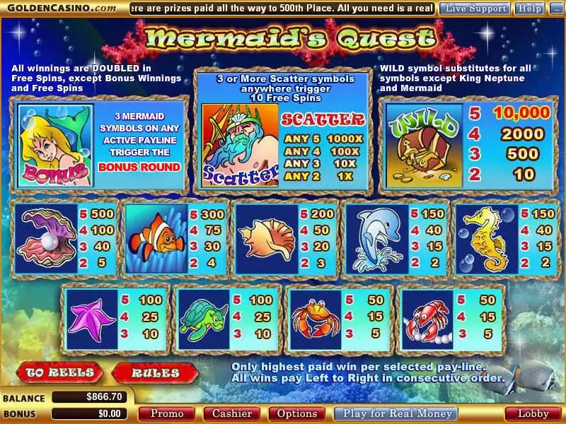 Mermaid's Quest Free Casino Slot  with, delFree Spins