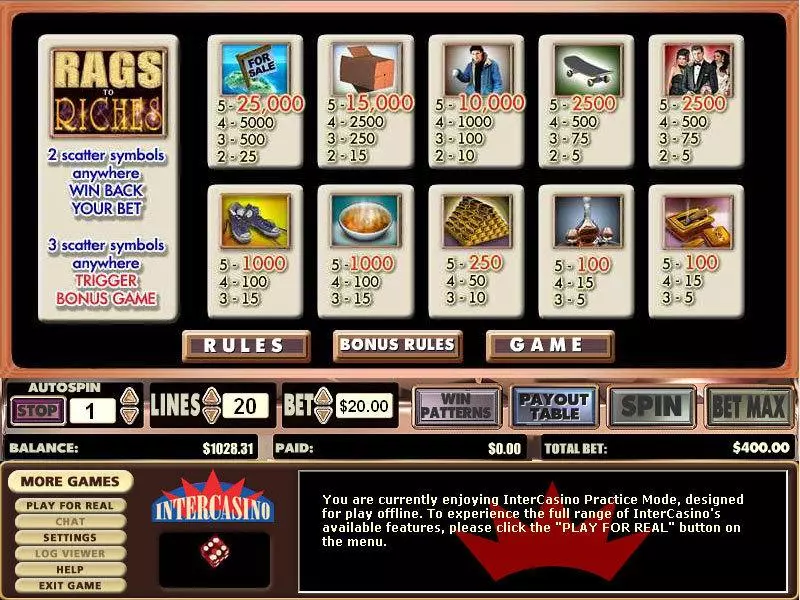 Rags to Riches 20 Lines Free Casino Slot  with, delSecond Screen Game