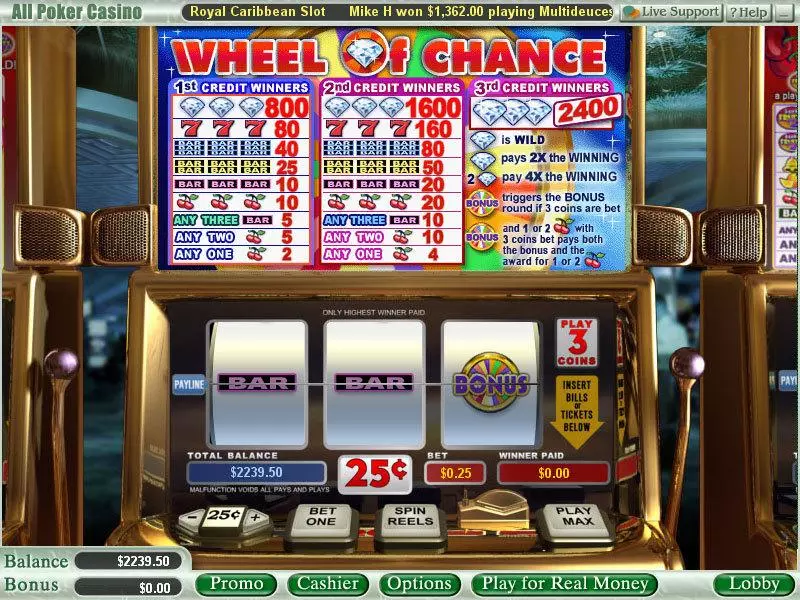Wheel of Chance 3-Reels Free Casino Slot  with, delSecond Screen Game